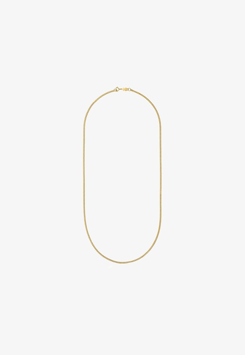 Collar de cadena de metal dorado con una superficie lisa y plana, que presenta una forma ovalada clásica y un cierre seguro en la parte posterior.