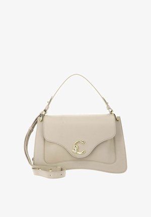 Borsa a mano in pelle beige con chiusura "CC" in metallo dorato, manico superiore e tracolla regolabile. Pelle liscia e granulosa.