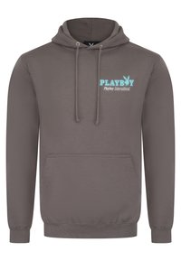 Sudadera gris con bolsillo frontal, capucha ajustable con cordón y logo en azul claro "PLAYBOY International" en el pecho. Textura suave.