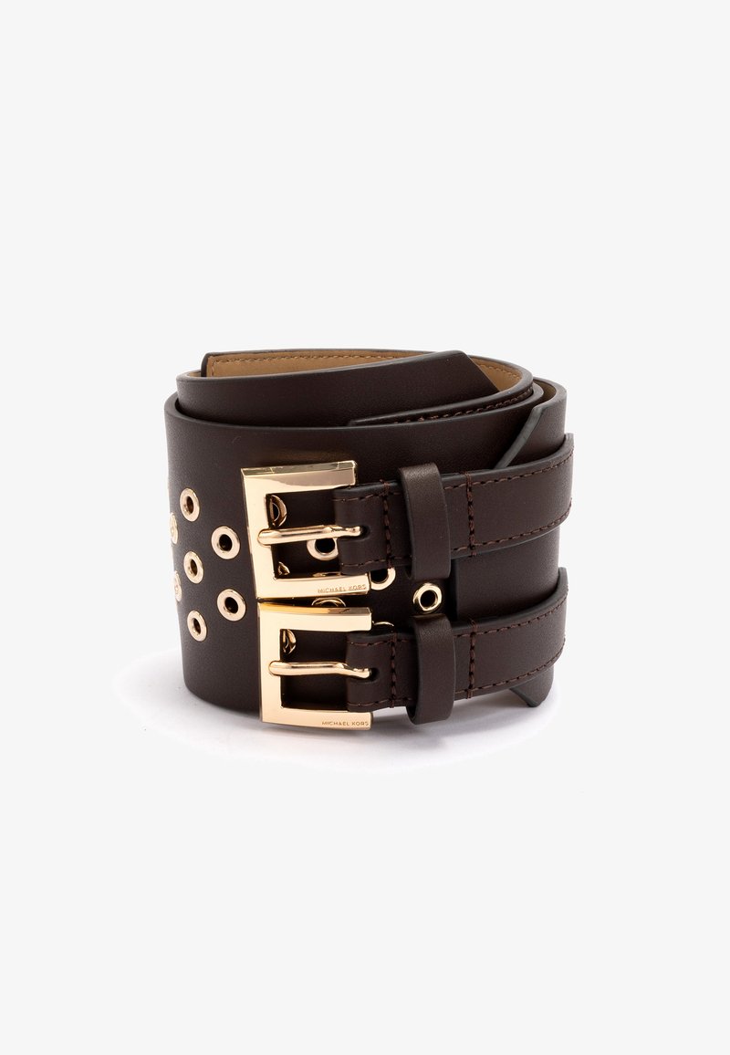 Brown leather belt with double gold-tone buckles and grommet detailing. Features smooth texture and multiple adjustment holes for fit.