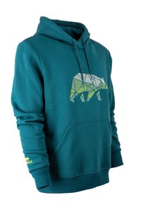 Türkisfarbener Baumwollhoodie mit einem geometrischen Bärenmotiv in Weiß und Grün. Verfügt über eine Fronttasche und gerippte Manschetten. Einfaches, aber funktionales Design.