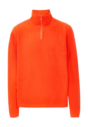 Oranžinė flisinė palaidinė su aukštu apykakle ir pusiau užtrauktuku. Ilgos rankovės, lygaus paviršiaus ir vientisos spalvos be raštų ar akcentų.