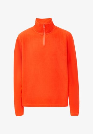 Oranžinė flisinė palaidinė su aukštu apykakle ir pusiau užtrauktuku. Ilgos rankovės, lygaus paviršiaus ir vientisos spalvos be raštų ar akcentų.