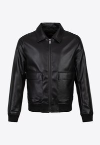Veste bomber en cuir noir avec une fermeture éclair à l'avant, un col pointu, deux poches avant et des bords côtelés aux manches et à l'ourlet. Texture lisse, design classique.