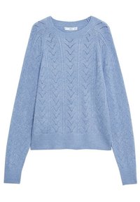 Světle modrý pletený svetr s dlouhými rukávy, kulatým výstřihem a vertikálním vzorem krajky ve tvaru šipky po celé ploše.