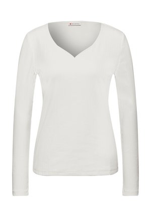 Maglietta a maniche lunghe con scollo a V di colore bianco, realizzata in tessuto a costine con un design aderente; texture liscia con dettagli di cucitura minimi.