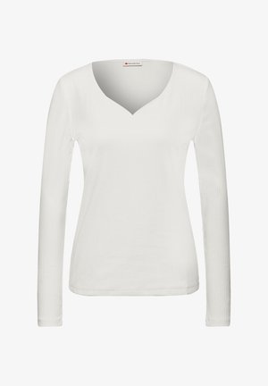 Langärmliges Oberteil mit V-Ausschnitt in Weiß, aus geripptem Stoff gefertigt, mit taillierter Passform; glatte Textur mit minimalen Nähten.