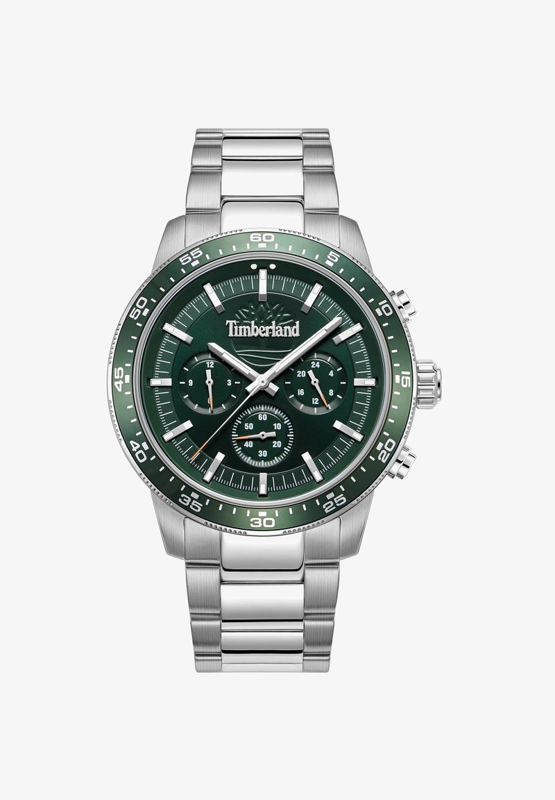 Timberland roestvrijstalen horloge met een groene wijzerplaat, zilveren indexen en chronograaf sub-dials. Heeft een geborstelde metalen armband en bezel.