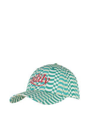 Pet met golvende strepen in teal, wit en geel en rood geborduurde tekst "Loility" op het voorpaneel, met gebogen klep.