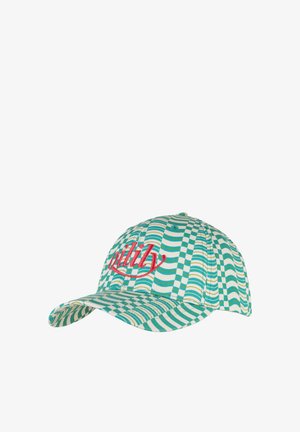 Pet met golvende strepen in teal, wit en geel en rood geborduurde tekst "Loility" op het voorpaneel, met gebogen klep.