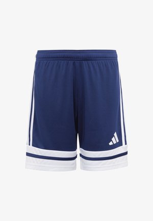 Marineblaue Sportshorts aus leichtem Material, mit weißen Akzenten und Streifen am Saum und an der Seite, Logo unten rechts.