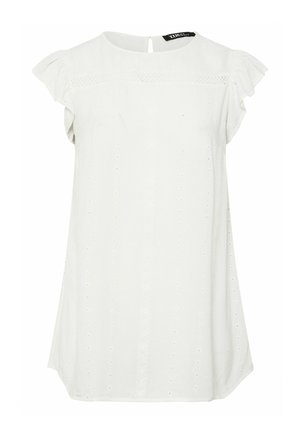 Hvid kortærmet bluse med små perforerede hålmønstre og lukning med knap bagpå ved halsudskæringen.