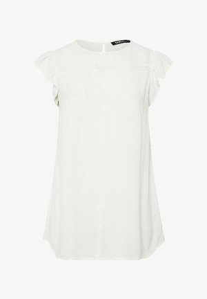 Biała bluzka z krótkim rękawem, ozdobiona małymi perforowanymi oczkami, zapinana z tyłu na guzik przy dekolcie.