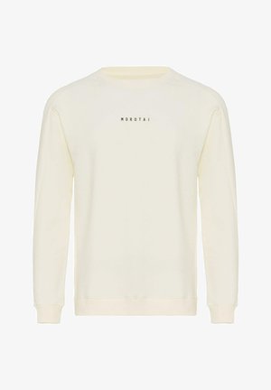 Cremefarbenes Sweatshirt mit Rundhalsausschnitt, gerippten Bündchen, geradem Saum und einem mittig platzierten schwarzen "MOROTAI"-Logo auf der Vorderseite.