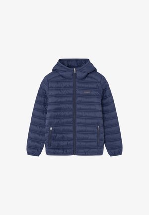 Navyblauwe gewatteerde jas met capuchon, voorzien van een rits aan de voorkant, twee zijzakken en een horizontaal gestikt patroon.