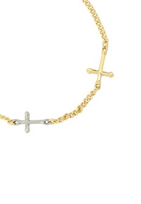 Gouden kettingarmband met een zilveren kruisaccent in het midden, met een afgerond schakelontwerp en een gepolijste metalen afwerking.