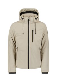 Beige zip-up jack met capuchon, met zwarte accenten, zijzakken en een borstzak met een gele ritsdetails. Glad stoffen textuur.