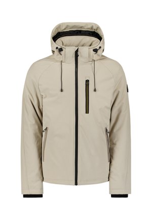 Beige Kapuzenjacke mit Reißverschluss, ausgestattet mit schwarzen Akzenten, seitlichen Taschen und einer Brusttasche mit einem gelben Reißverschlussdetail. Glatte Stofftextur.