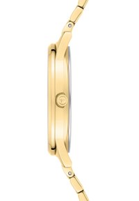 Goldfarbene Armbanduhr mit einem eleganten runden Gehäuse, glatter Oberfläche und einem polierten Stahl-Lünette. Sie verfügt über ein Gliederarmbanddesign mit abgerundeten Kanten.