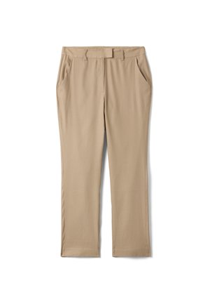 Beige broek met rechte pijpen, zijzakken, riemlussen en een verborgen sluiting aan de voorkant, plat gelegd op een witte achtergrond.