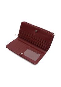 Burgundy leather wallet with a zip closure, featuring multiple card slots, a clear ID window, and smooth texture.
