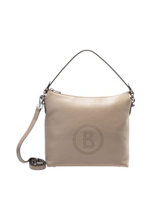 Sac à main en cuir beige avec une poignée supérieure et une bandoulière amovible, présentant un cercle perforé avec la lettre B sur le devant.