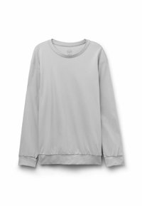 Ljusgrå långärmad sweatshirt, tillverkad av mjukt tyg, med rund halsringning, sänkta axlar och elastiska manschetter och fåll.