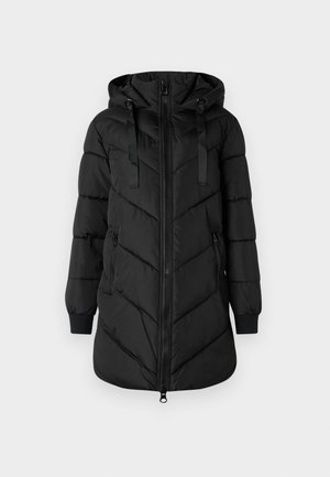 Doudoune noire avec capuche, fermeture zippée et motif en chevrons. Comprend des poignets élastiques et deux poches latérales.