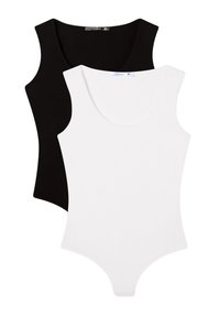Due bodysuit senza maniche, in bianco e nero, con scollo a barca, taglia S, sovrapposti con il bianco davanti e il nero dietro.