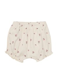 Cremefarvede bomuldsshorts med ribbet tekstur, prydet med et spredt marihøne-mønster, samlet elastisk talje og flæsekanter.