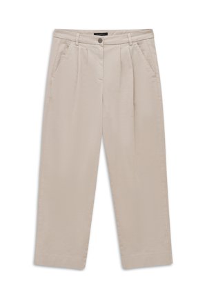 Beige Hose mit hohem Bund, vorderen Falten, Seitentaschen, Gürtelschlaufen und einem Knopfverschluss an der Taille.