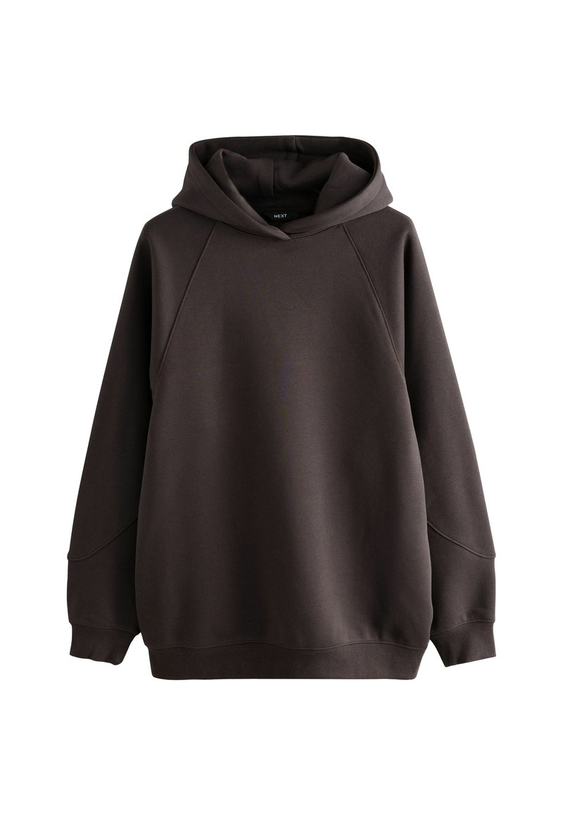 Sweat à capuche surdimensionné marron foncé avec manches longues, poignets côtelés et grande capuche, présenté sur un fond blanc.