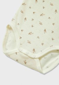 Helles gelbes Baby-Body mit floralem Muster, aus weicher Baumwolle gefertigt. Verfügt über Druckknopfverschluss und gerippte Ausschnitte an Hals und Beinen.