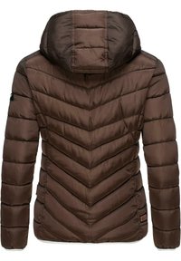 Bruine gewatteerde jas met capuchon, voorzien van een chevron-quiltpatroon, elastische manchetten en een logopatch op de linkermouw.