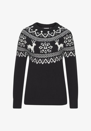 Black sweater with round neck, featuring white holiday motifs including reindeer, snowflakes, and geometric patterns across the chest.