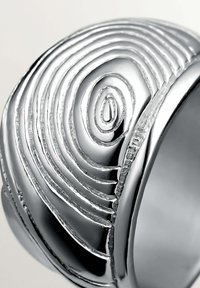 Anillo de plata con un diseño en espiral, que presenta surcos texturizados y un acabado pulido, resaltando su calidad reflectante y los intrincados detalles.