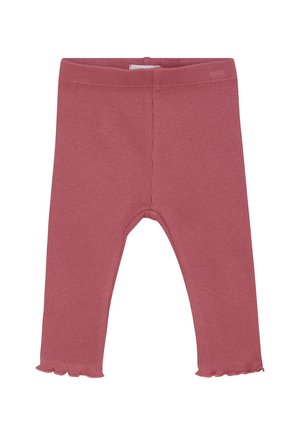 Weiche, rosa gerippte Baby-Leggings mit elastischem Bund und Rüschenabschlüssen, entworfen für Komfort und den täglichen Gebrauch.