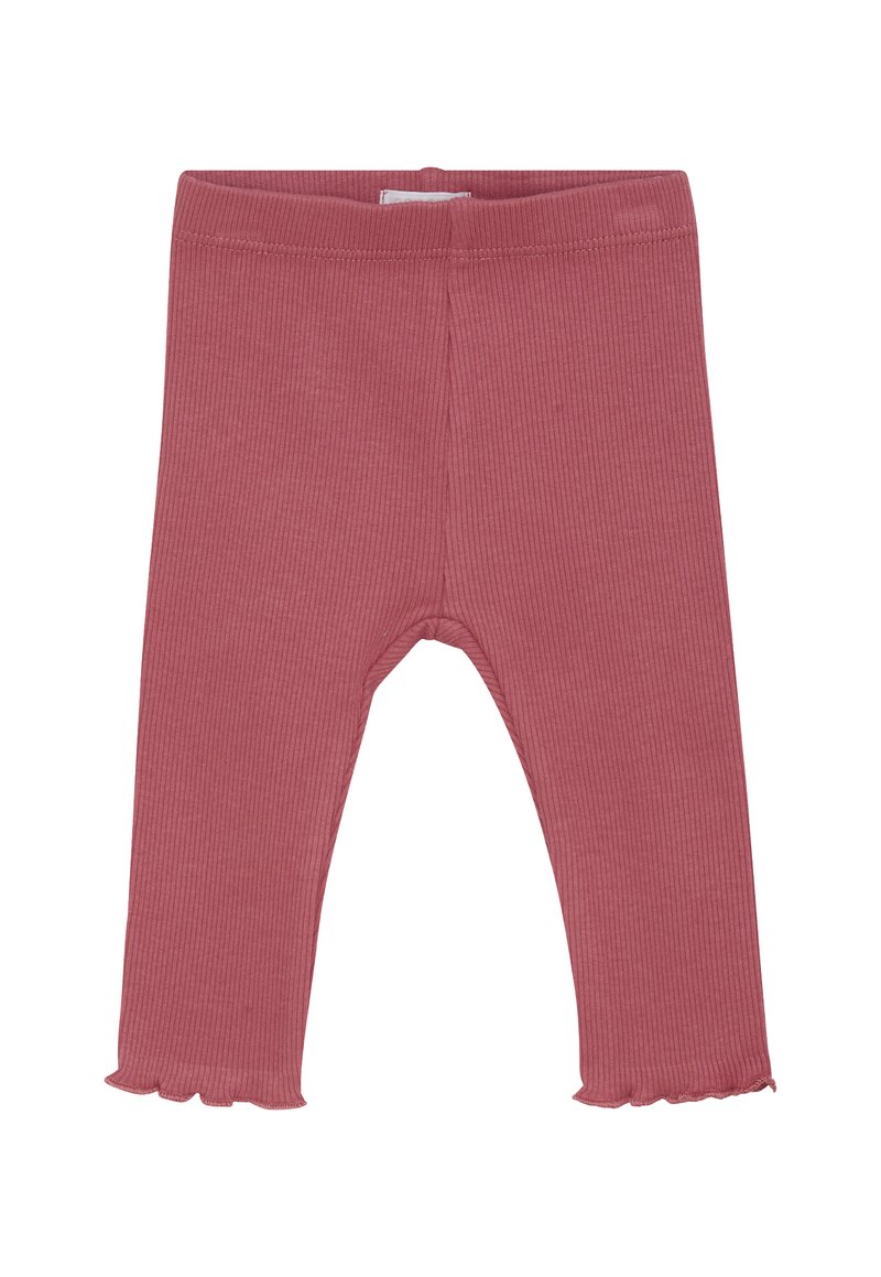 Weiche, rosa gerippte Baby-Leggings mit elastischem Bund und Rüschenabschlüssen, entworfen für Komfort und den täglichen Gebrauch.