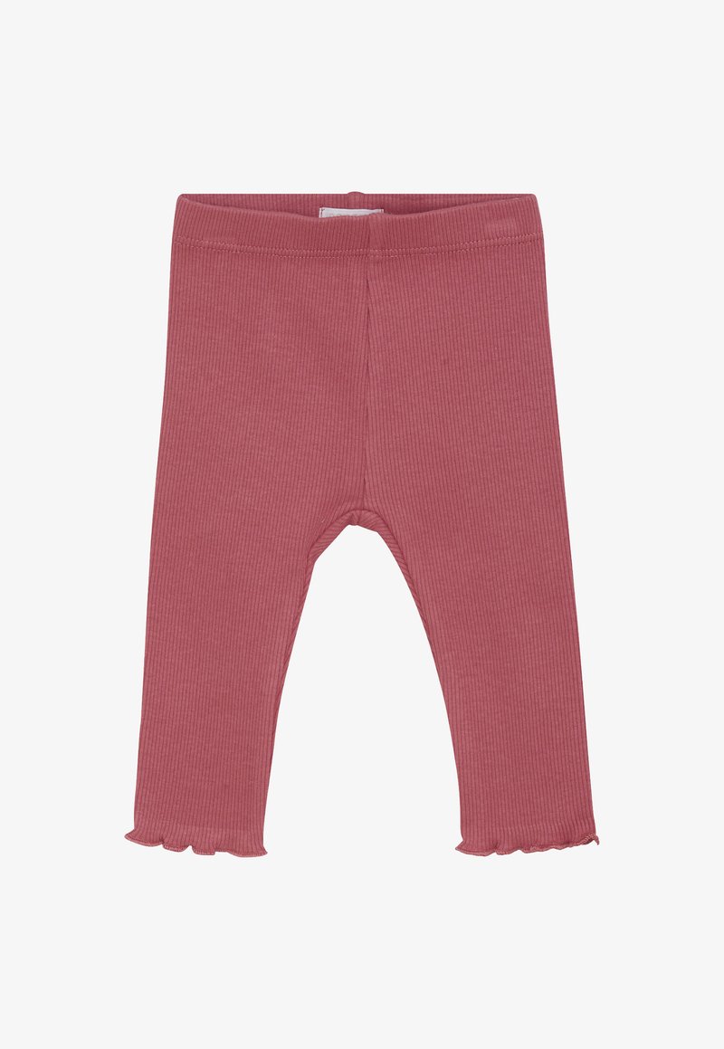 Zachte roze geribbelde babylegging met elastische tailleband en rimpelige zoom, ontworpen voor comfort en dagelijks gebruik.