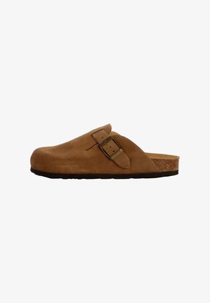 Brown suede clog with a rounded toe, adjustable metal buckle, cork midsole, and a textured rubber sole. Simple design, slip-on style.