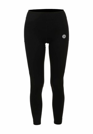 Zwarte leggings met volledige lengte, hoge tailleband en klein wit rond logo op de bovenste rechterdij.