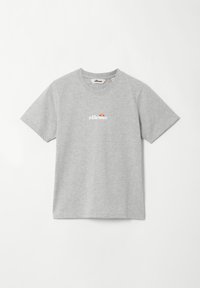 Grijs katoenen T-shirt met korte mouwen en een ronde hals, met een klein wit en kleurrijk logo in het midden van de borst.
