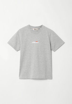 Grijs katoenen T-shirt met korte mouwen en een ronde hals, met een klein wit en kleurrijk logo in het midden van de borst.