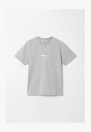 Graues Baumwoll-T-Shirt mit kurzen Ärmeln und Rundhalsausschnitt, mit einem kleinen weißen und bunten Logo mittig auf der Brust.