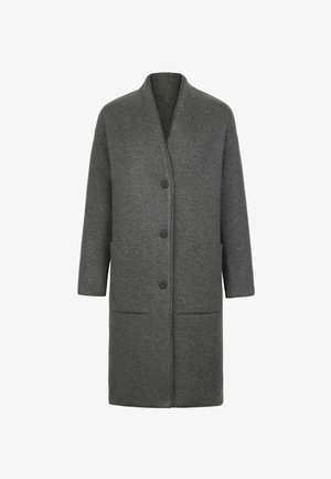 Mørkegrå lang uldfrakke med tre sorte knapper, to frontlommer og uden krave.