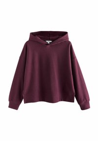 Haut à capuche bourgogne avec une coupe décontractée, des manches longues et une capuche à cordon. Fabriqué en tissu doux et texturé avec un ourlet côtelé.