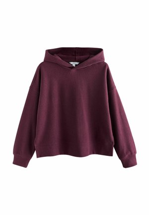 Burgunderfarbener Hoodie mit einem lässigen Schnitt, langen Ärmeln und einer Kordelzugkapuze. Hergestellt aus weichem, strukturiertem Stoff mit einem gerippten Saum.