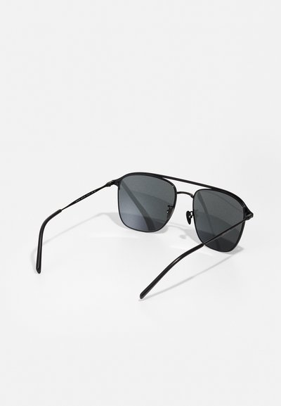Black metal sunglasses with rectangular lenses and gray tinted lenses. Slim arms with a sleek design and minimalistic hardware.
