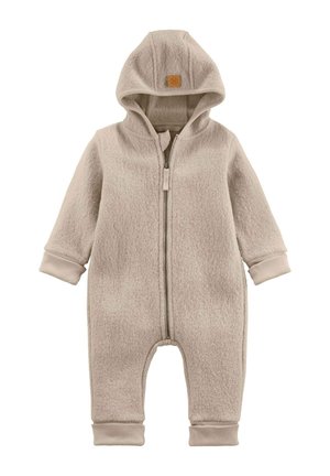 Beiger Fleece-Overall für Babys mit Kapuze, Frontreißverschluss und gerippten Bündchen an den Ärmeln und Knöcheln.