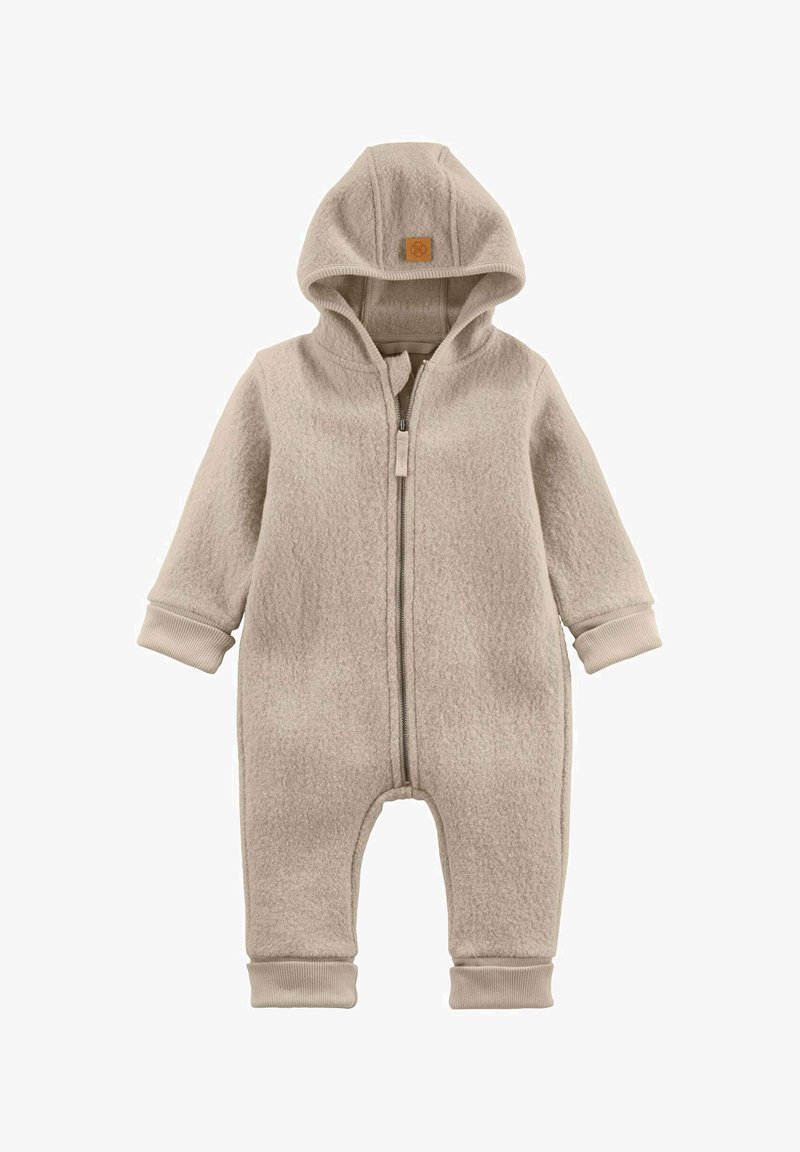 Beige fleecedonsbaby overal met capuchon, rits aan de voorkant en geribde manchetten op de mouwen en enkels.
